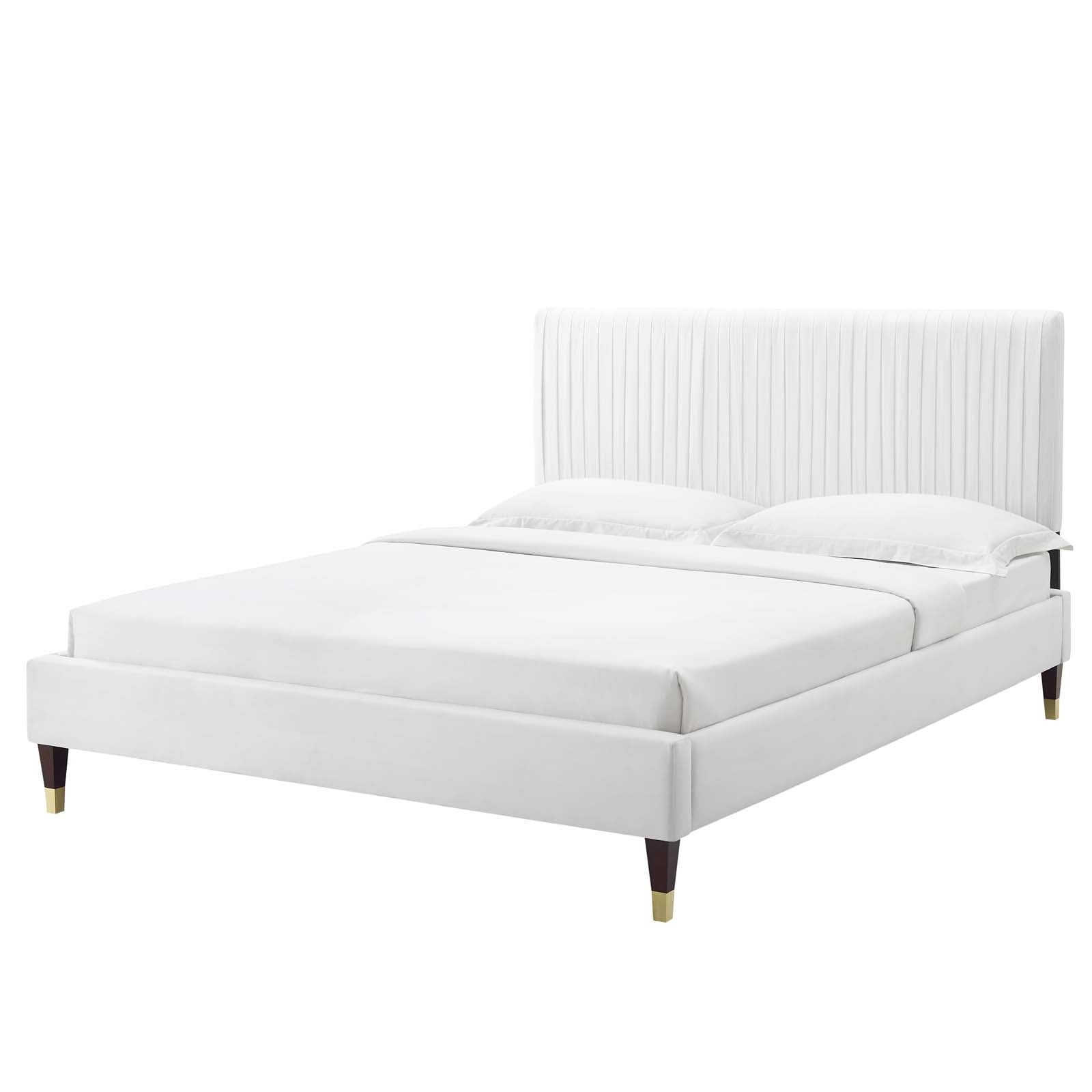 Platform Bed Frame, King Size, Velvet, White, Modern Contemporary Urban