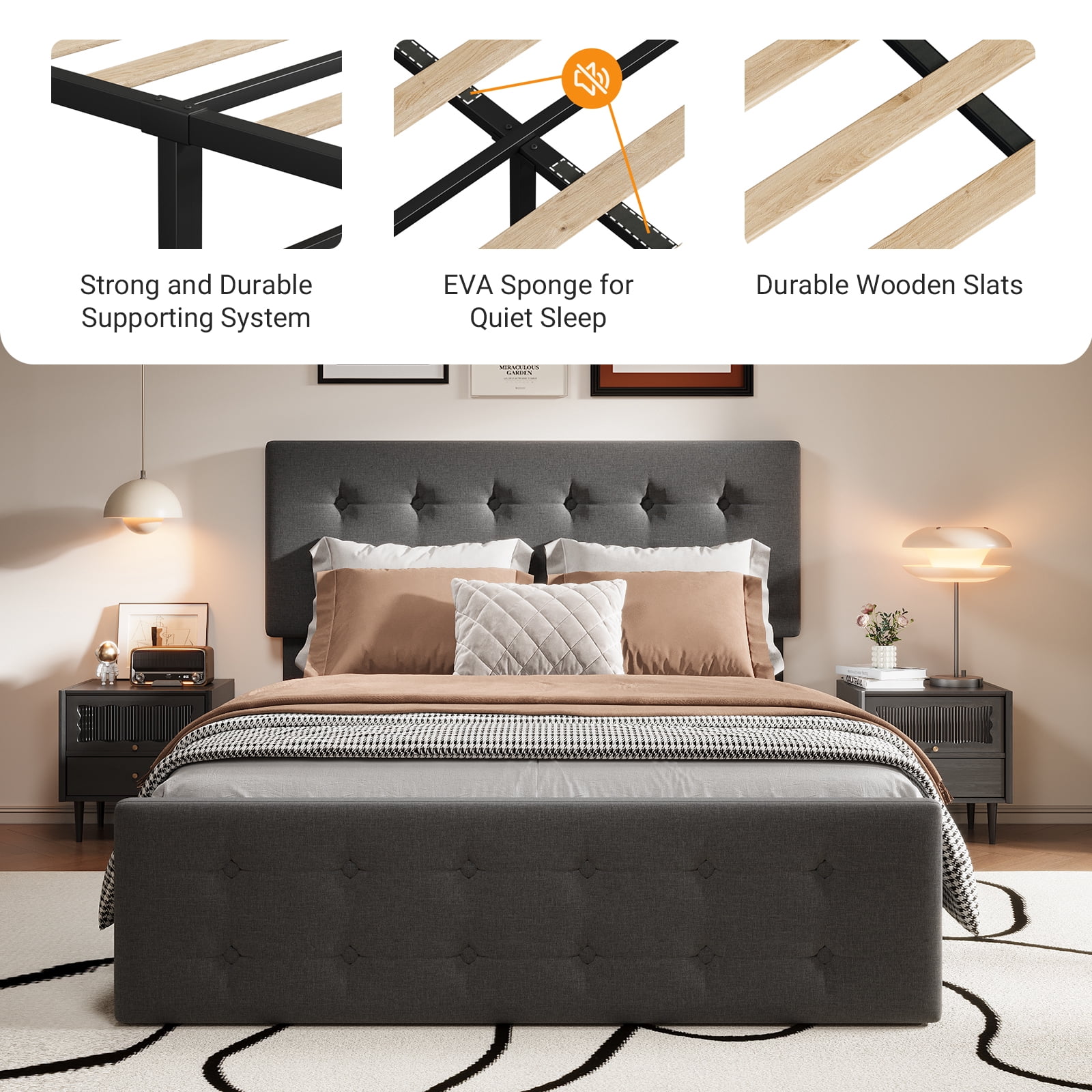Full/Queen/King Size Upholstered Platform Bed Frame - Adjustable Headboard & 4 Storage Drawers, Button Tufted Design, No Box Spring Needed