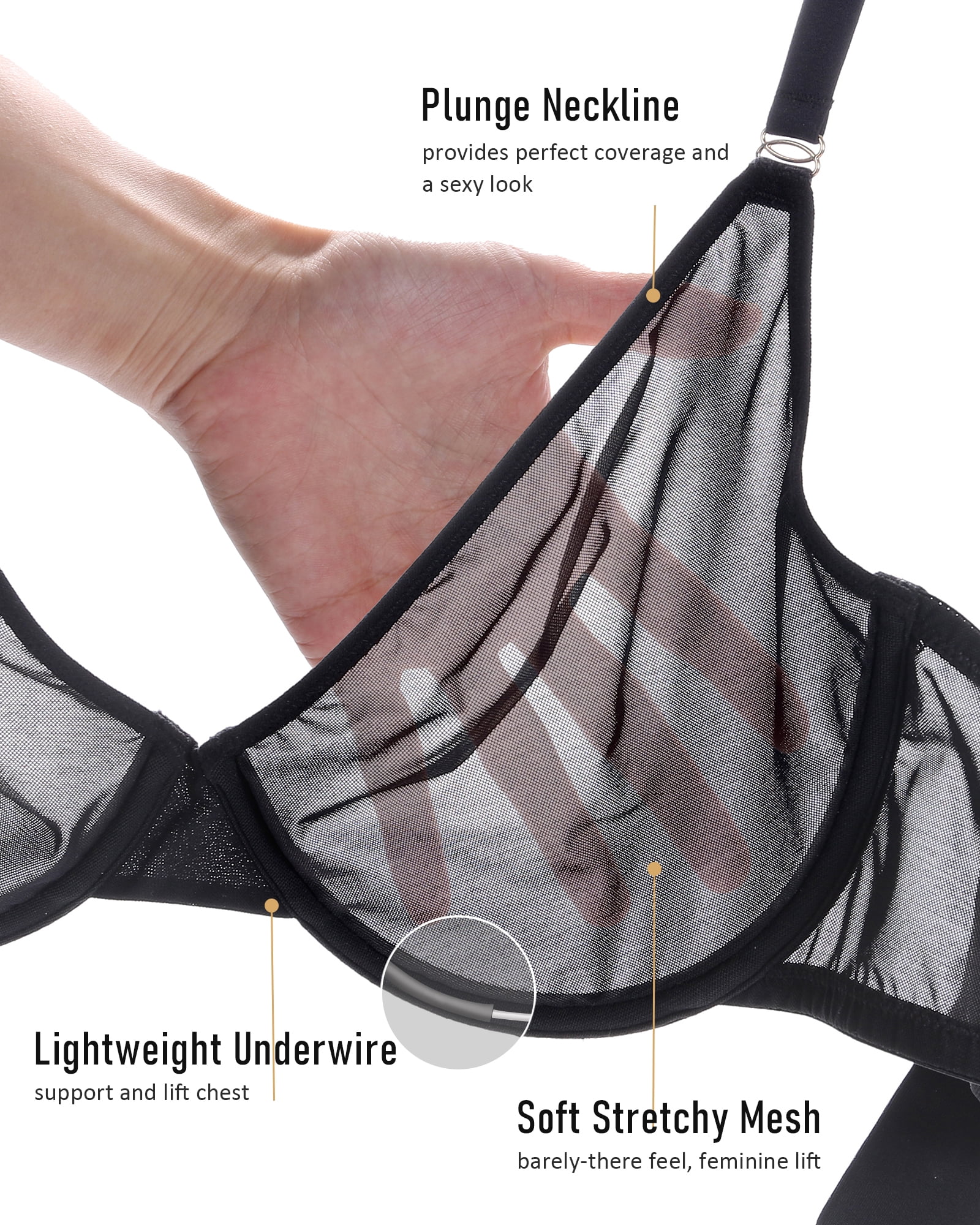 Exerin Women's See Through Underwire Unlined Comfort Sexy Sheer Mesh Bra(34DD,Black)