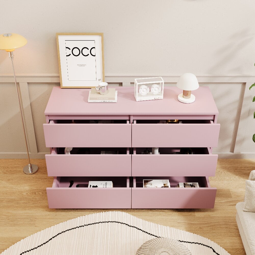 Barara King 6 Drawer Double Dresser, Chest of Drawers for Bedroom Tall Dresser Storage for Living Room Hallway (Pink)