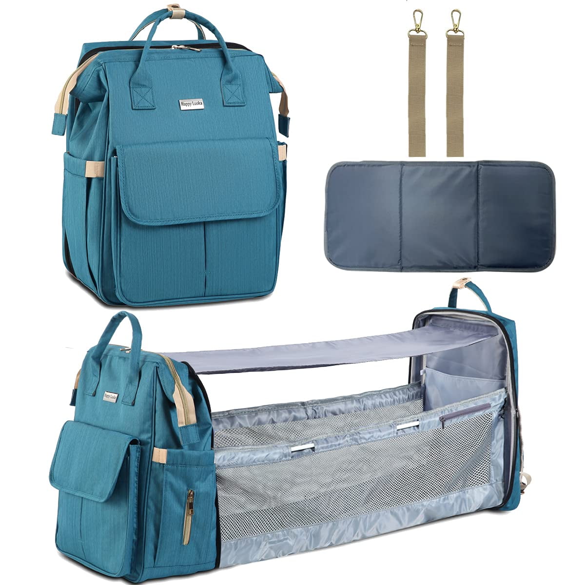 Happy Luoka Diaper Backpack with USB Charge Port Bag+Crib+USB Insulated Bottle Warmer Diaper Bag for Dad/Mom Multifunction Nappy Bag Travel Bassinet for Baby with Removable Curtain 