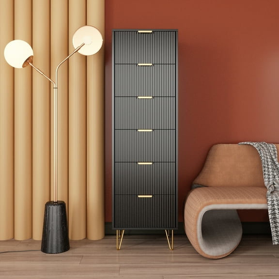 Woodpeckers Furniture and Mattress 6-Drawer Lingerie Chest - Gold Metal Legs, MDF Wood Storage Dresser for Bedroom-Color:Black