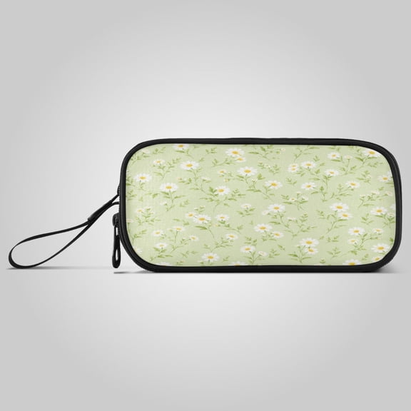 3-Layer Zipper Pencil Case Pencil Pouch Large Capacity Pencil Pouch for Travel and Office Supplies Soft Green Daisy Field