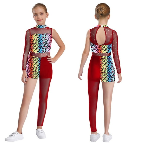 iiniim Girls Figure Skating Leotard Ballroom Bodysuit Gymnastics Jumpsuit Full Length Dance Unitards Leopard 6