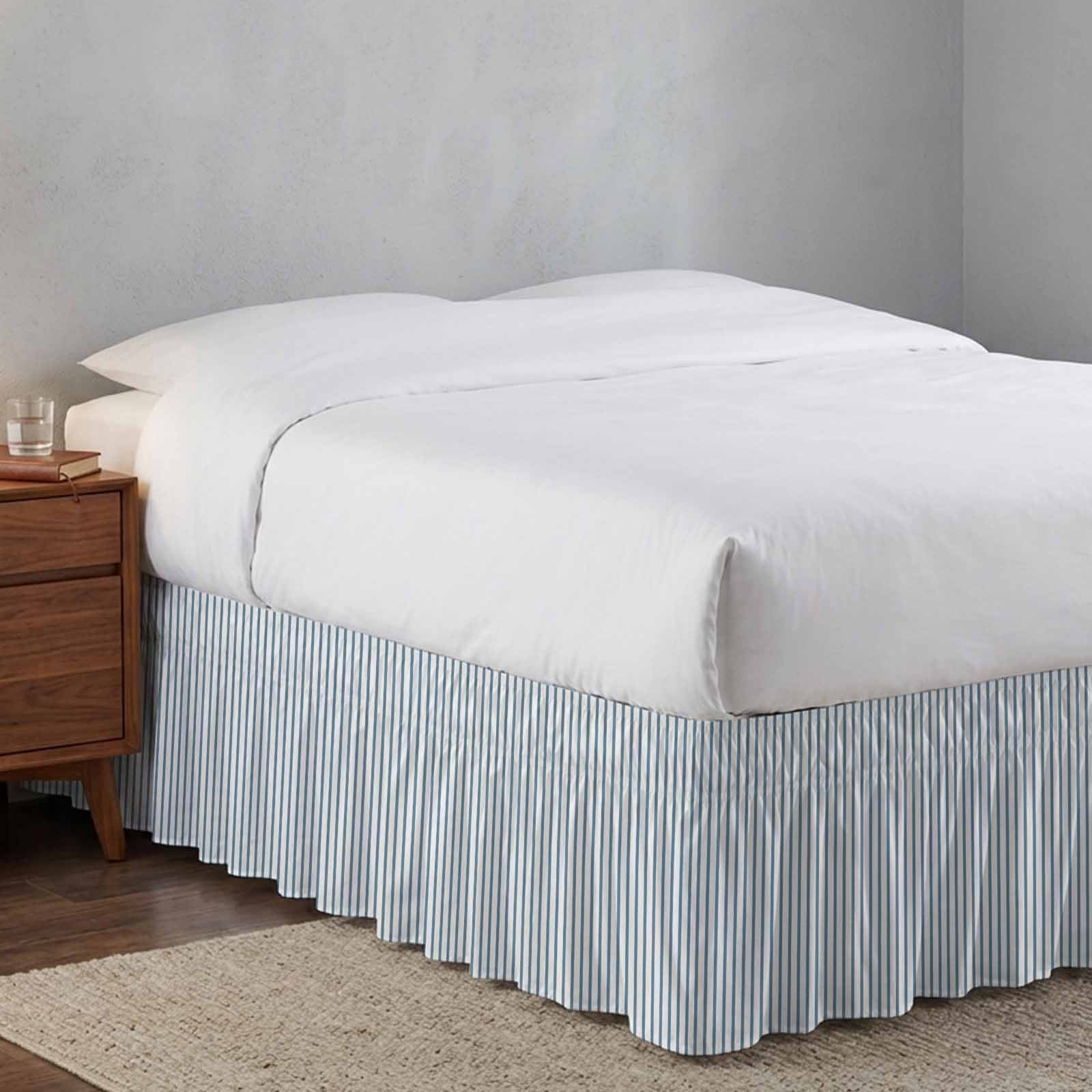 Bed Skirt Blue White Stripe Pattern Adjustable Elastic Wrap-Around Dust Ruffle with Simple Style Light Blue Pinstriped 16 Inch Drop, Bed Frame Cover for Queen Size Bed