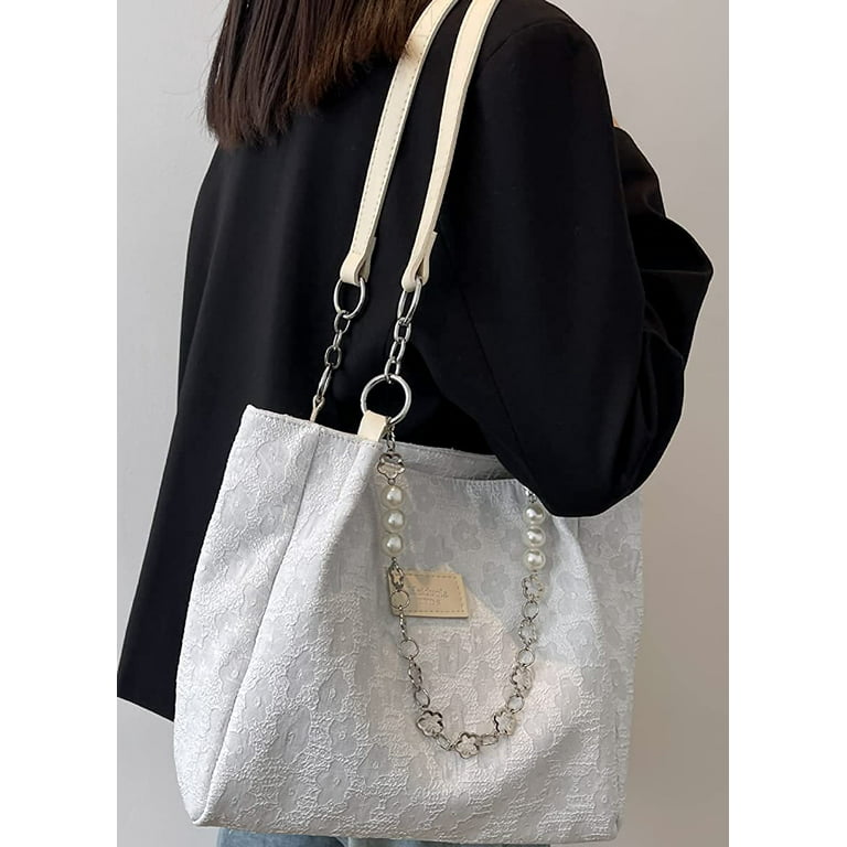 Pikadingnis Fashion Large Size Canvas Shoulder Bag for Women, Tote Handbag with PU Leather Strap, Adult Unisex, Size: One size, White