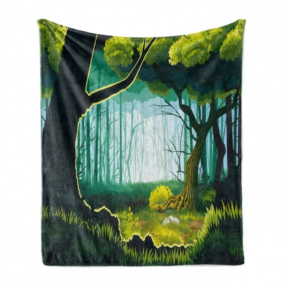 Woodland Soft Flannel Fleece Throw Blanket, View of a Forest Landscape Outdoor Scene, Cozy Plush for Indoor and Outdoor Use, 50" x 60", Seafoam Dark Teal, by Ambesonne