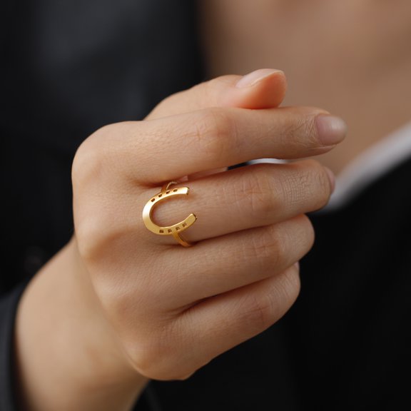 U-Shaped Horseshoe Women Ring 14K Yellow Gold Finger Rings Fashion Lucky Jewelry Birthday Gift for Friends