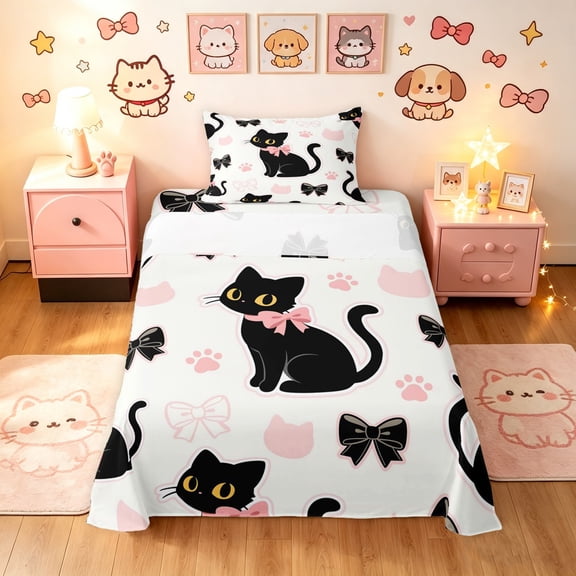 Manfei Kawaii Black Cat Twin Sheets, Bow Paw Bedding, White Pink, 3pcs, 1 Flat Sheet, 1 Fitted Sheet and 1 Pillowcase
