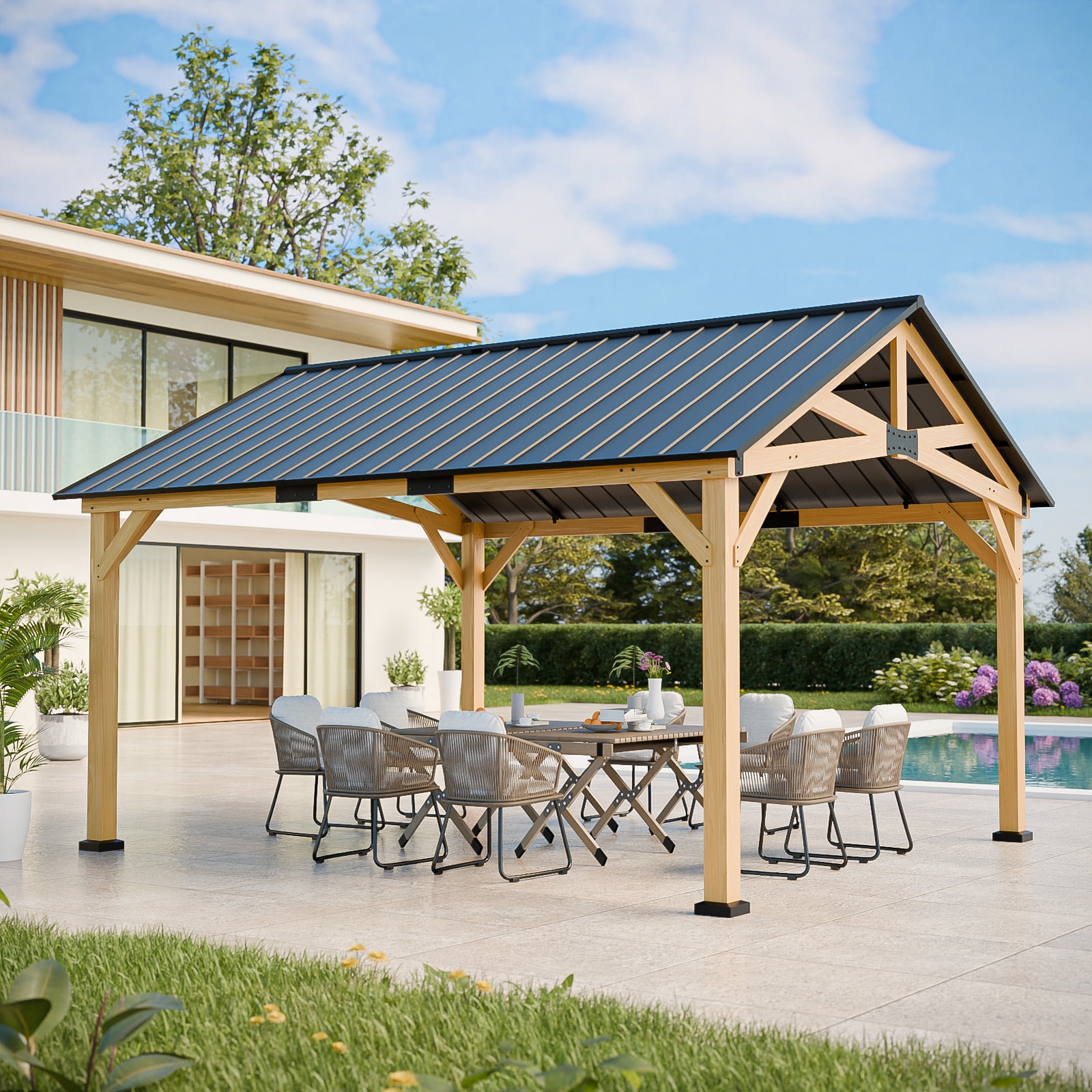 Jocisland 10x20 FT Solid Wood Gazebo with Metal Hardtop, Large