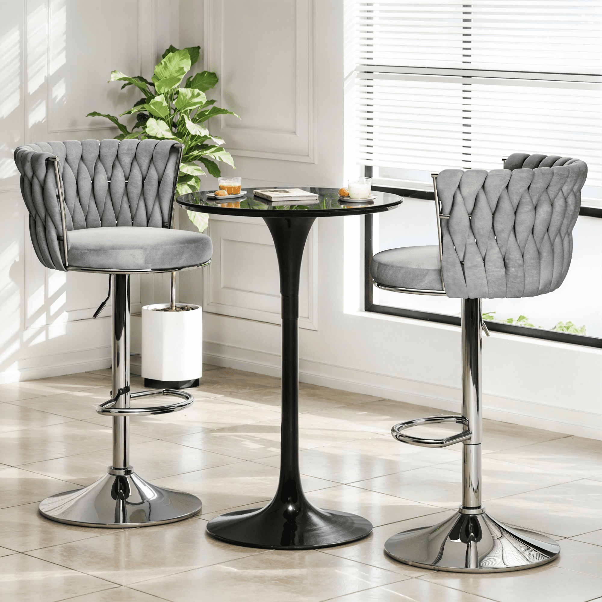 Mieres Velvet Bar Stools Set of 2, Adjustable Height Swivel Pub Chairs with Woven Back, Counter Height Dining Chairs with Footrest, 360° Rotating Kitchen Island Stools for Home & Bar, Gray