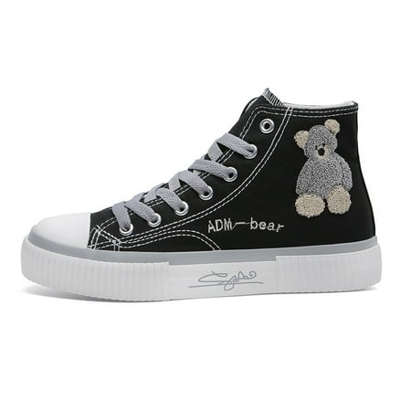 

Women‘s Bear High Top Sneakers Round Toe Lace-up Canvas Shoes Casual Skate Shoes