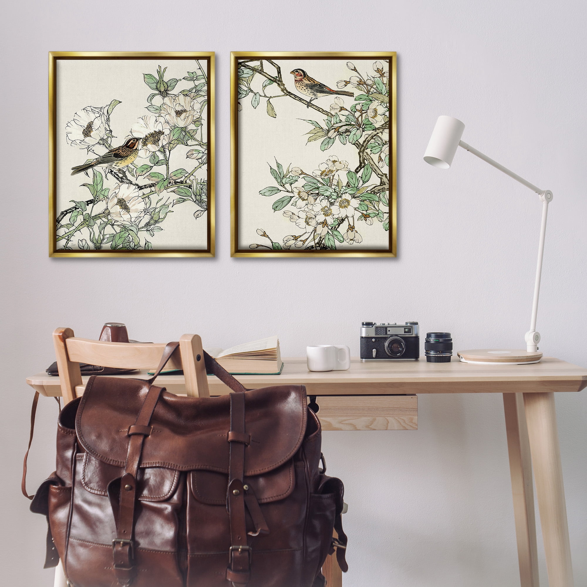 Stupell Industries Classic Sparrow on Blossoms Animals & Insects Painting Gold Floater Framed Canvas Art Print Wall Art, 25 x 31, Set of 2
