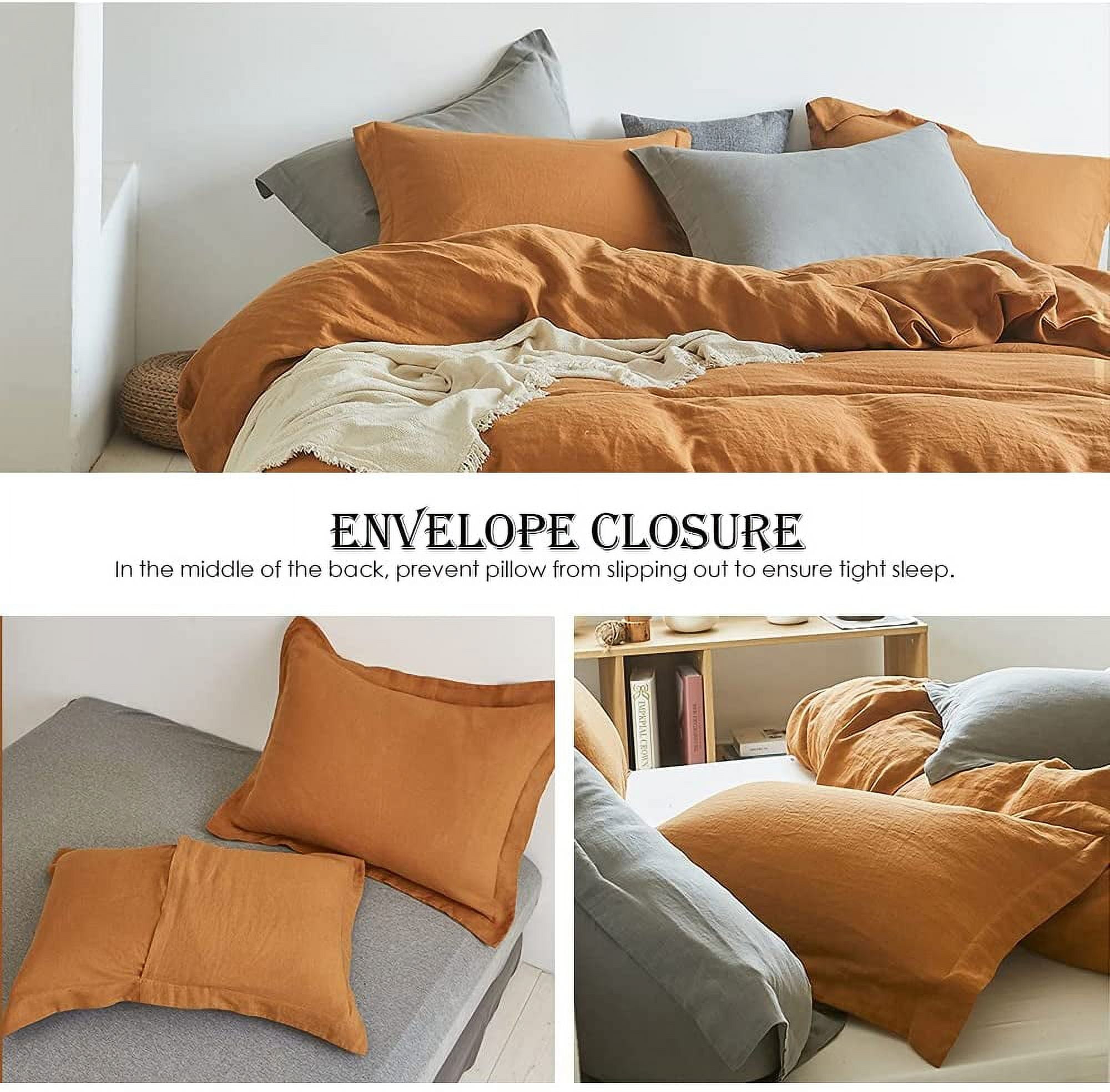Simple&Opulence 100% Linen Duvet Cover Set 3pcs Natural French Basic Style Washed Flax Solid Color Breathable Soft Farmhouse Bedding with Button Closure (Rust, King)