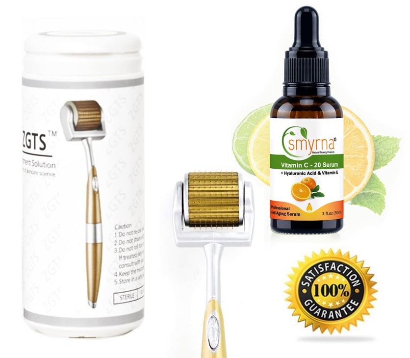 ZGTS Derma Roller Skin Care Set + Vitamin C Serum, Hyaluronic Acid For Wrinkles 1.0mm