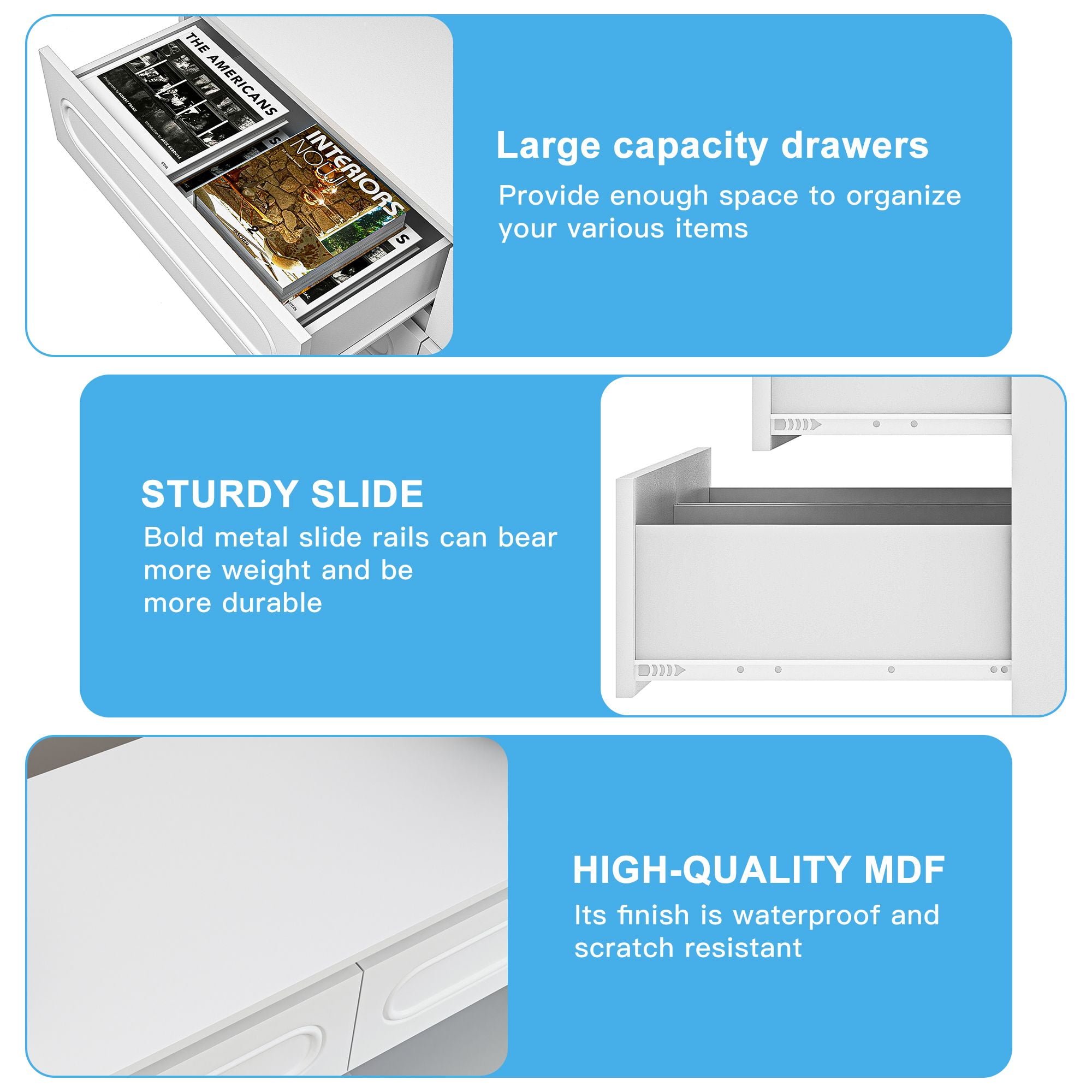 Demi Bonn 6-Drawer Double Dresser for Bedroom, 47" Chest of Drawers with Hidden Handle Wood Oval Pattern Drawer Fronts, Modern Bedroom Furniture, White