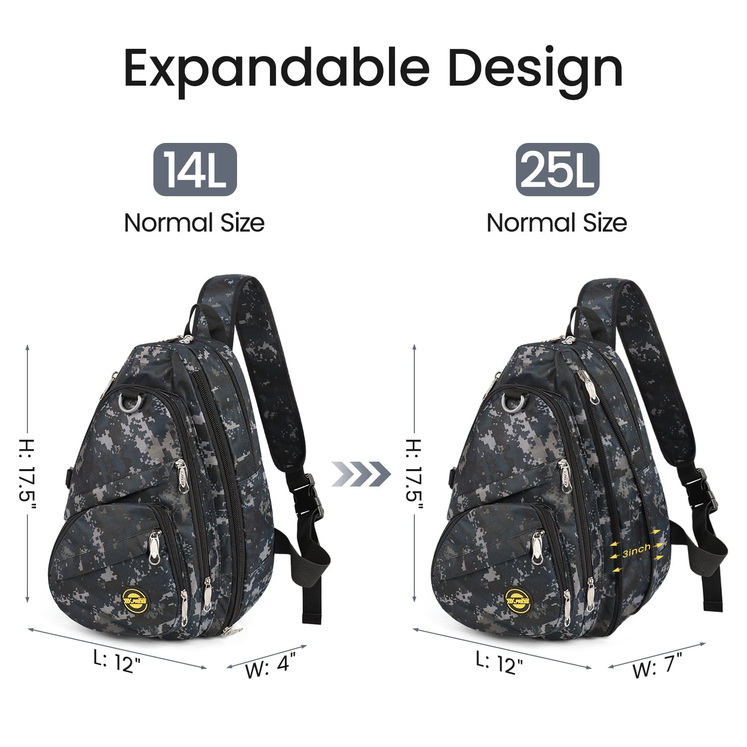 New York Xpress Camo Sling Bag Expandable 14–25L Daypack for Travel Hiking Cycling, Navy,118