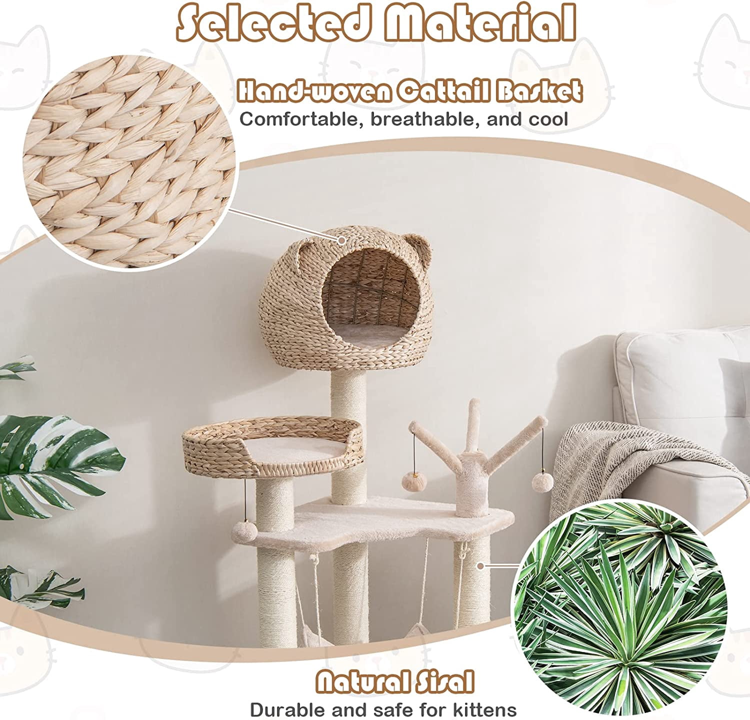 LEHOME Modern Cat Tree Tower, Multi-Level Tall Activity Center with Natural Sisal Scratching Posts, Hammock, Hand-Made Cattail Cute Condo with Funny Toy Balls