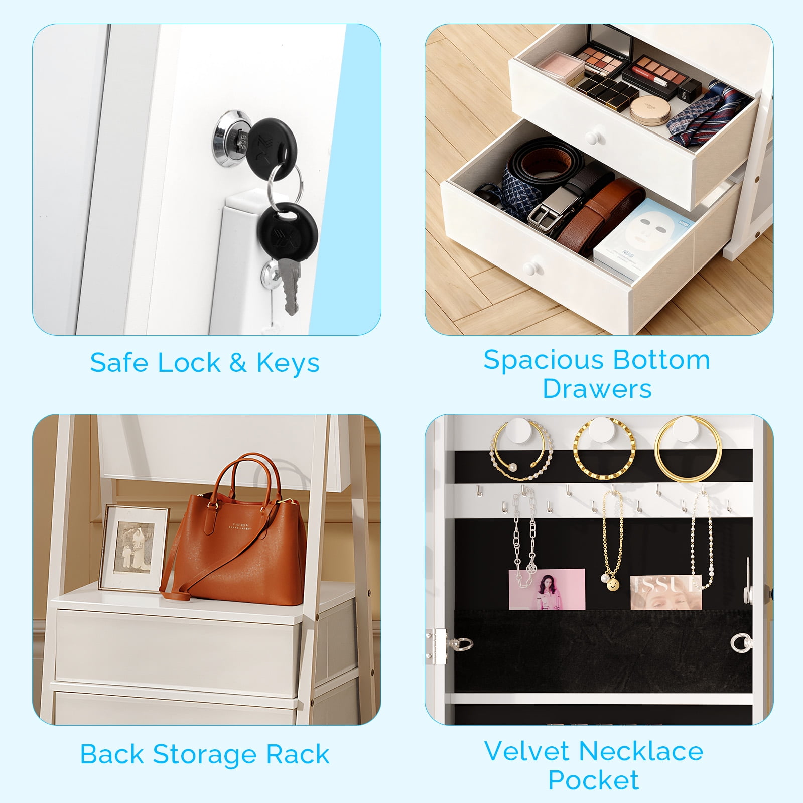 Zimtown Standing Jewelry Cabinet with Full Length Mirror - 2 Spacious Drawers & Makeup Storage Compartments, Freestanding Jewelry Organizer, White