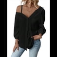 thumbnail image 2 of Blusa Asimétrica con Hombros Descubiertos y Larga Abotonada para Mujer, Color Negro, Talla S, 2 of 6