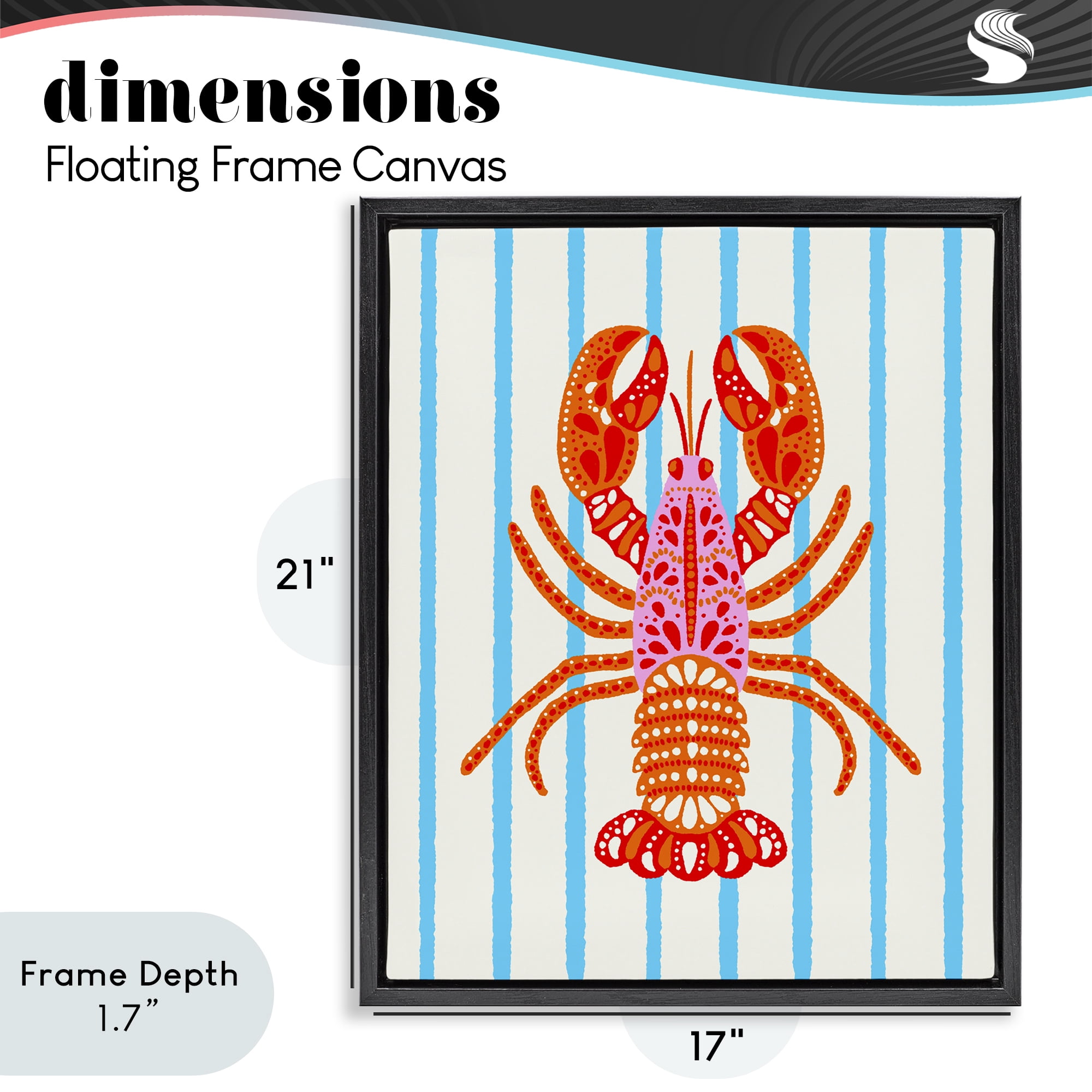 Stupell Industries Bright Boho Lobster on Stripes Black Framed Floater Canvas Wall Art, design by Indira Prieto | IndySign