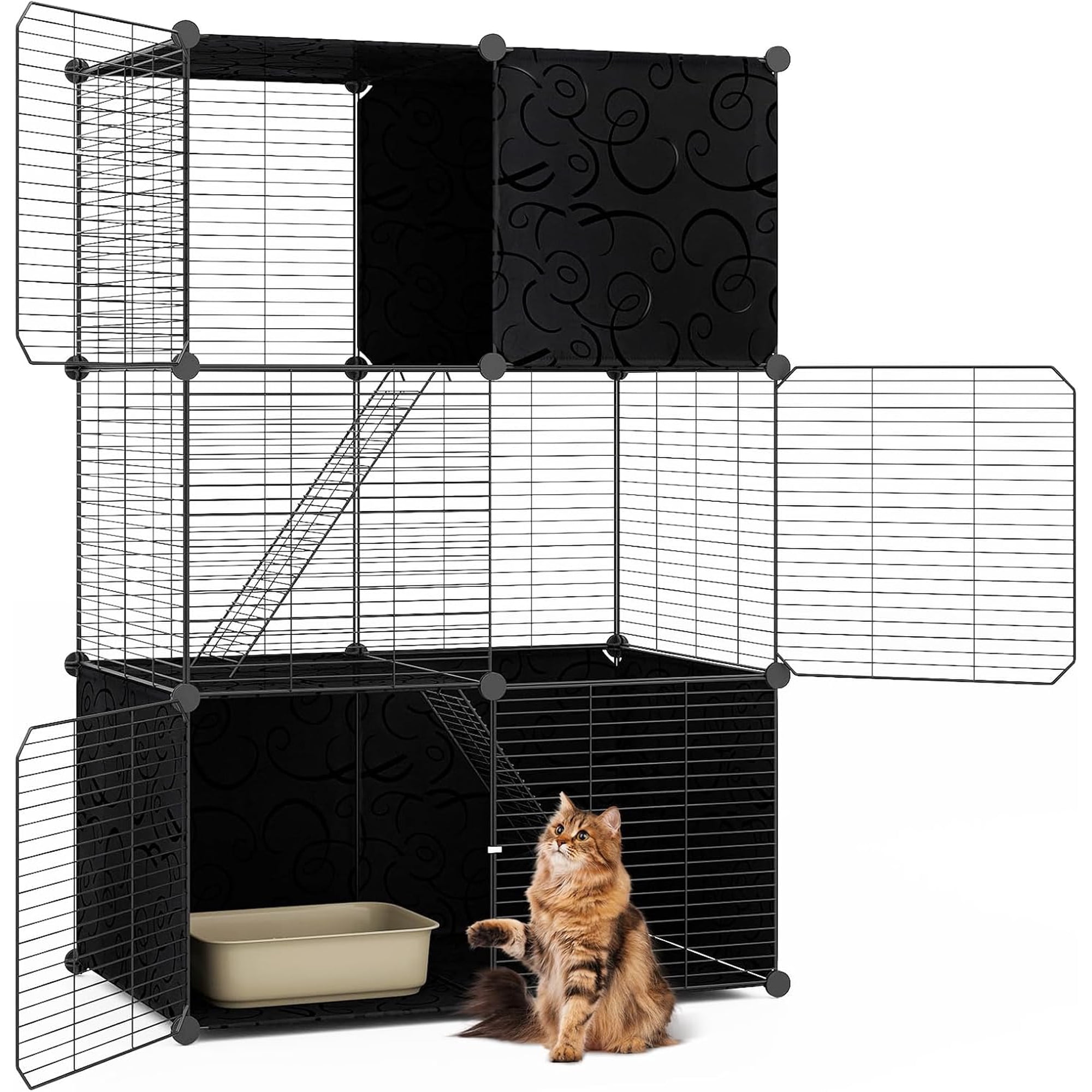 HJTER Cat Cages Indoor, 3-Tier DIY Cat Enclosure with 2 Ladders, Detachable Metal Wire Kennel Catio with 3 Lockable Doors, Ideal for 1-3 Cats or Other Small Animals, 29 x 18.5 x 43 in