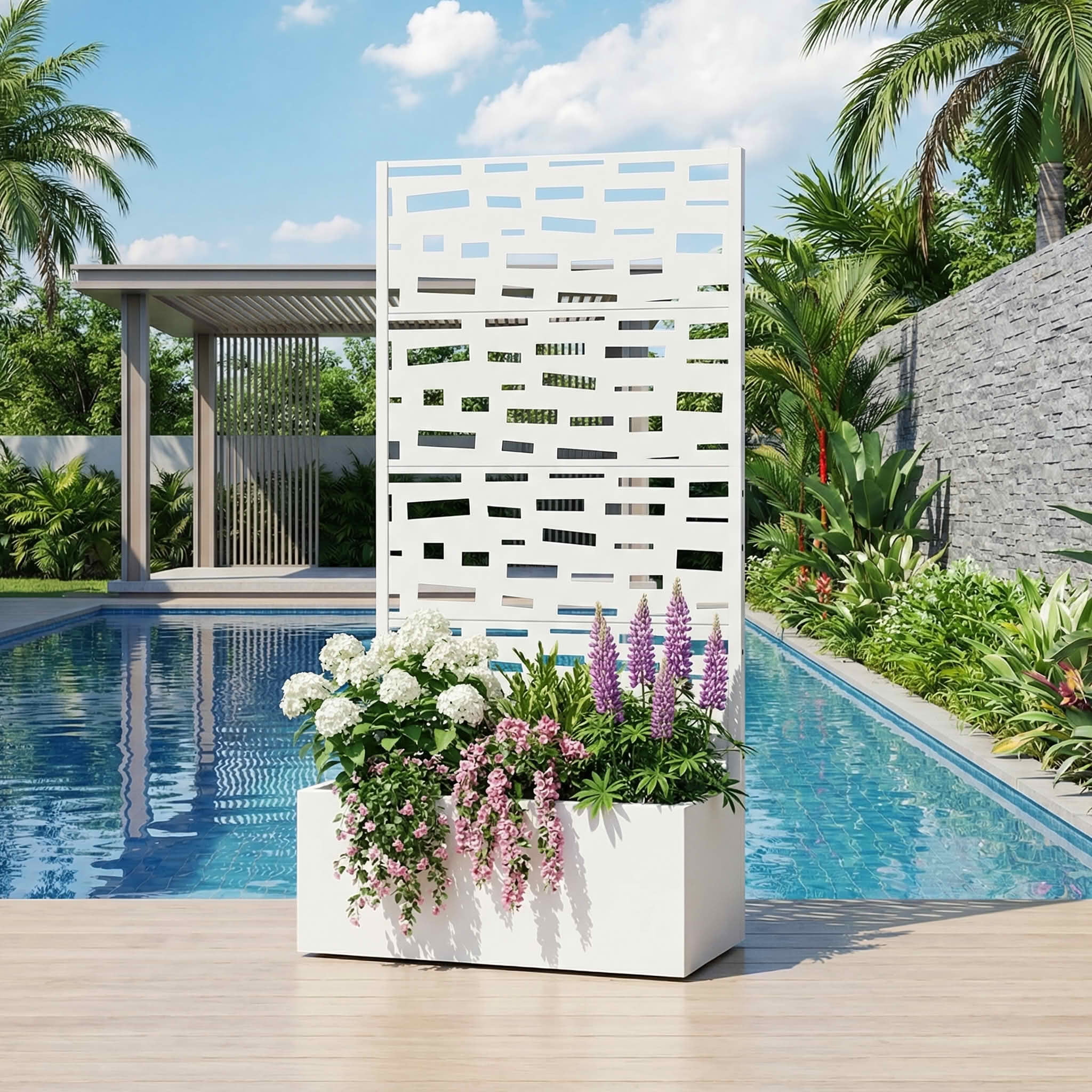 MAYEERTY 59X30" Metal Outdoor White Privacy Screen with Planter Box for Backyard & Garden, 4 Piece Set