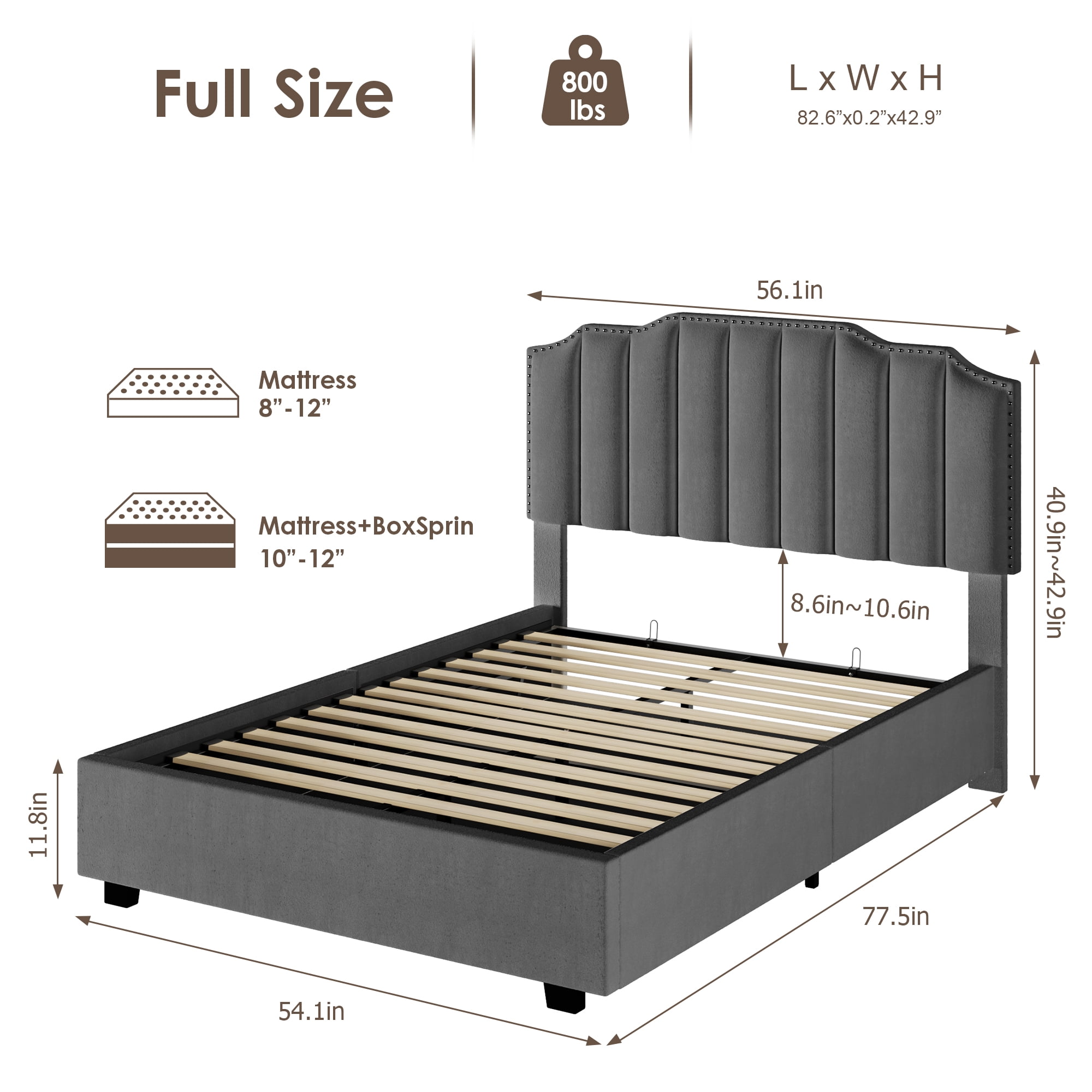 Miniyam Full Size Contemporary Platform Bed with Lift-Up Storage for Adult, Gray