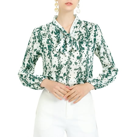 Allegra K Women's Tie Neck Floral Printed Bishop Sleeve Elegant