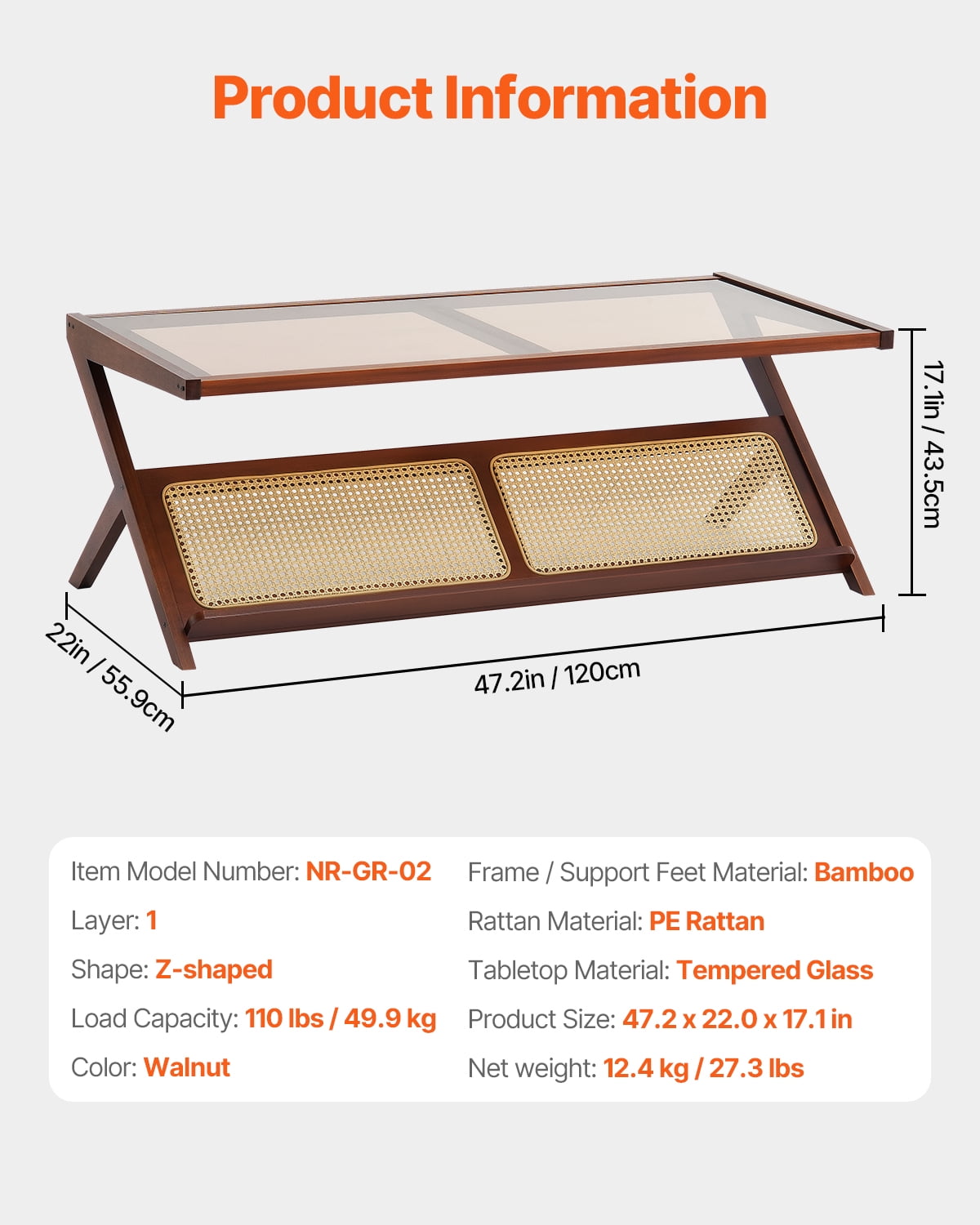 KFFKFF Wicker Coffee Table, Z-Form Wicker Weaved Bamboo Table with Hardened Glass Surface, 47” Contemporary Bohemian Storage Table with Authentic Bamboo Supports, for Lounge, Sleeping Quarters