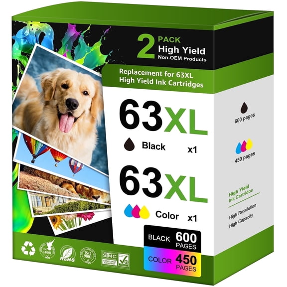 63XL Ink Cartridges Compatible for HP 63 ink cartridges for Officejet 3830 4650 5200 5255 Envy 4520 4512 Deskjet 1112 3630 Printer ( 2-Pack)