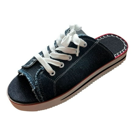 

iOPQO Women s sandals Womens Walk Sports Casual Shoes Lace-Up Comfy Classic Canvas Slip-on Sandals Ladies Fish Mouth Canvas Dark blue 39