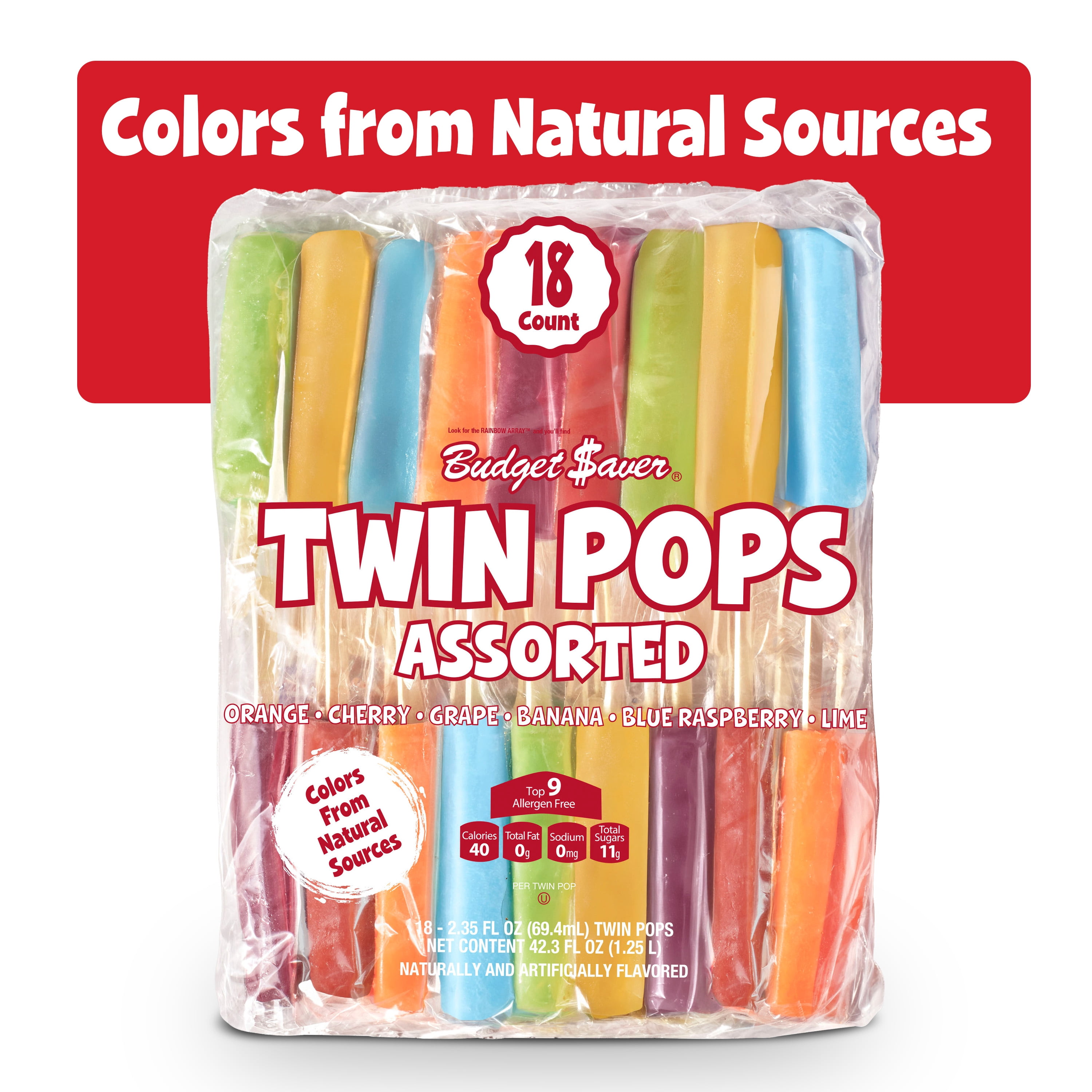 Budget Saver Twin Pops, Assorted Flavors, 18 Count, Frozen Popsicles, Cherry, Banana and More