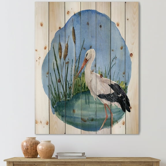 Designart 'White Stork On The Swamp Blue' Traditional Print on Natural Pine Wood