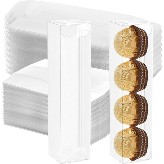 50 PCS Clear Favor Boxes, Small Transparent Candy Gift Box, Plastic Rectangle Chocolate Packaging Box with Insert for Truffle, Mini Macaron, Wedding, Party, Gift Wrapping, 6.2" x 1.4" x 1.3"