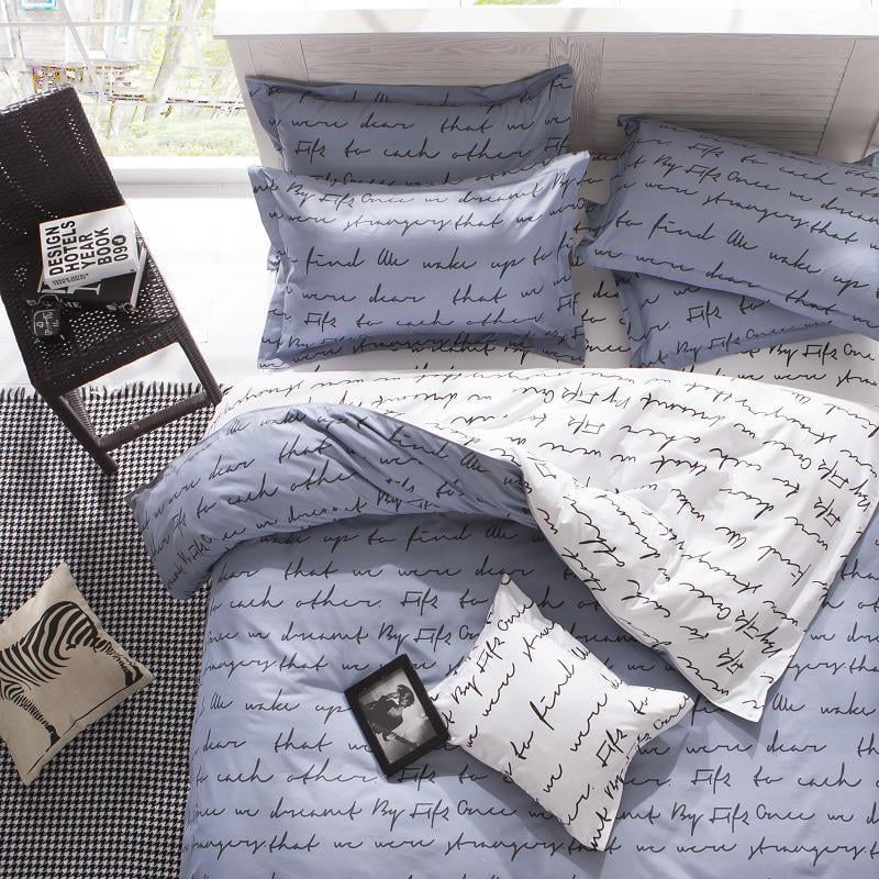 Love Letters Print Cotton Kids Duvet Cover Queen Set White Gray