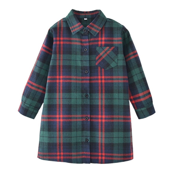 BFHHYA Kids Long-Length Plaid Shirt Girls Boys Loose Button-Down Long Sleeve Top with Chest Pocket (2-13 Years)