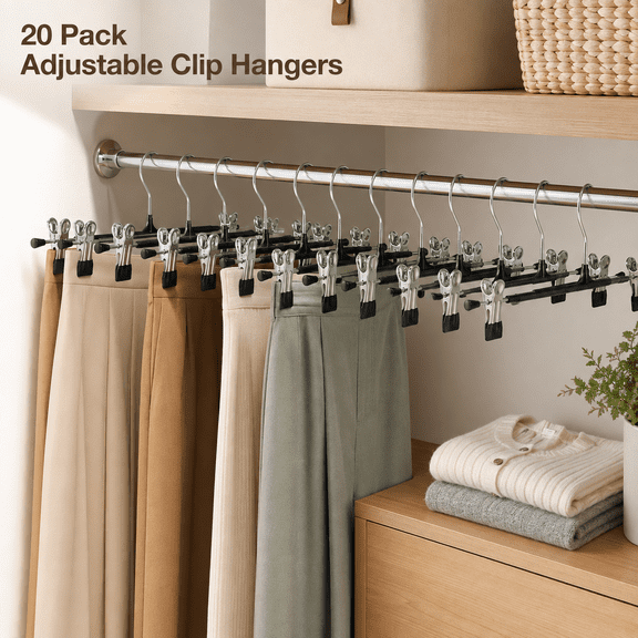 MEYRKLOE 20 Pack Pants Hangers with Clips, 12 Inch Adjustable Metal Hangers, Non-Slip Space Saving Shorts and Skirt Hangers, Black Closet Organizer