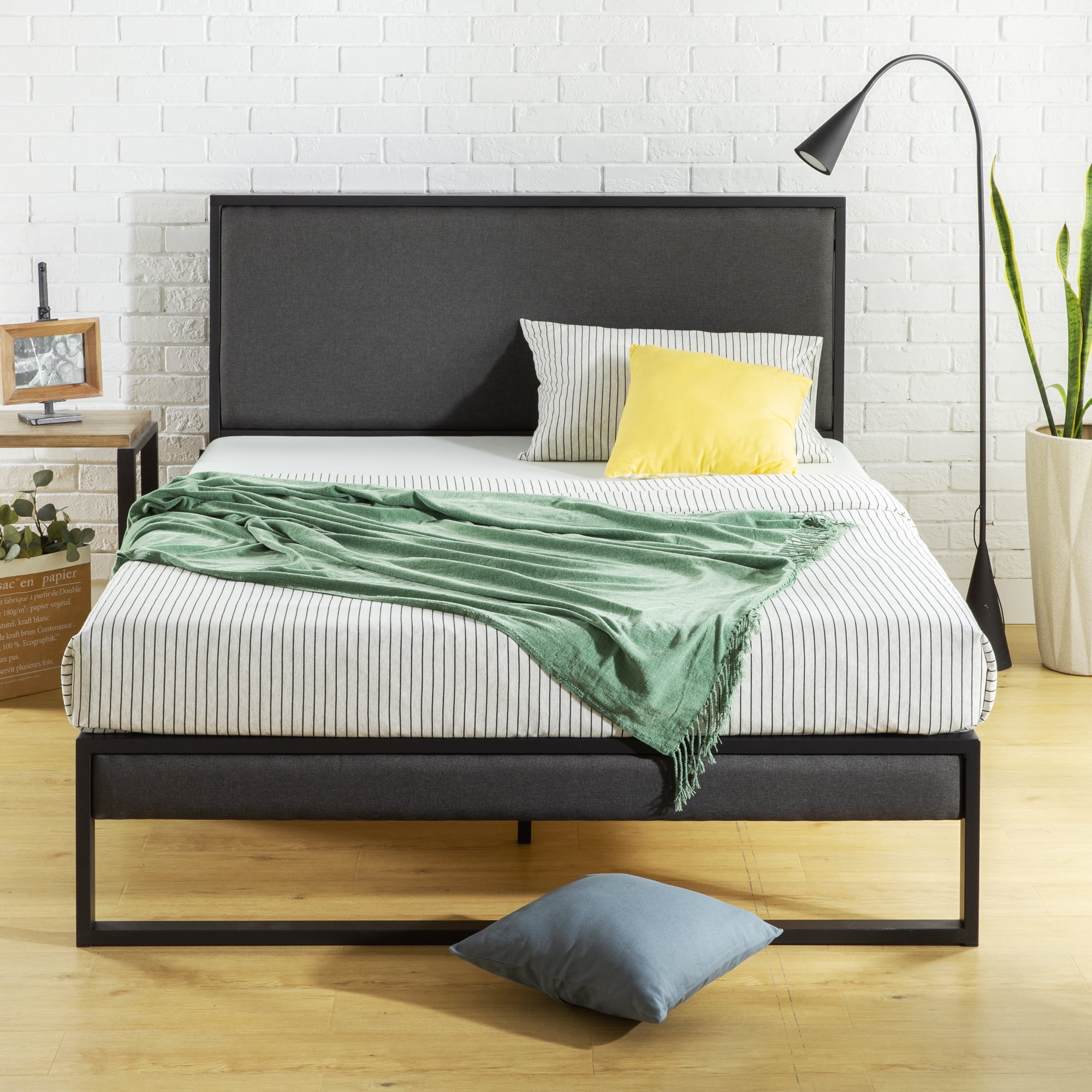 Zinus christina upholstered platform bed frame with headboard shelf deals