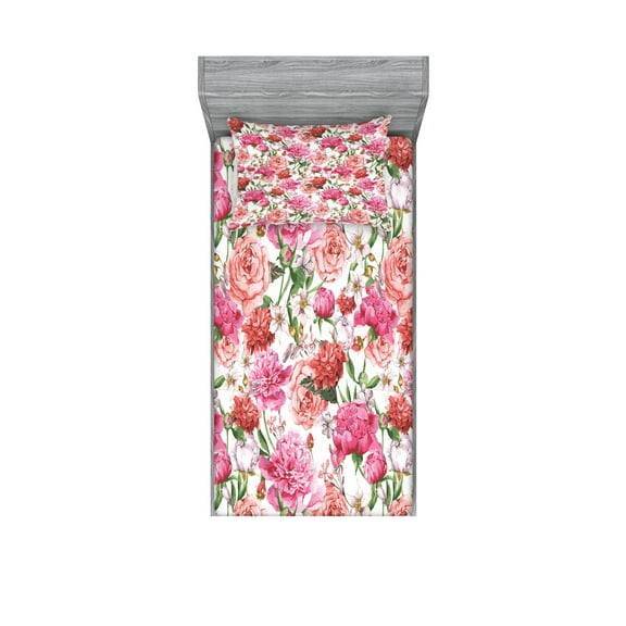 Ambesonne Floral Fitted Sheet & Pillow Sham Set, Peonies and Roses, Twin, White Pink Blush