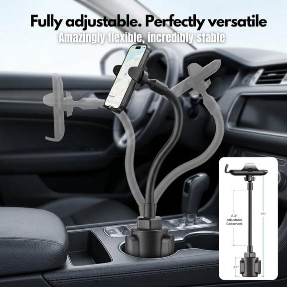 Charefin Cup Holder Car Phone Mount with Flexible Gooseneck, Adjustable Base, 360° Rotation for iPhone & Android