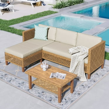 Sophia & William Wicker Patio Furniture Conversation Set Boho Style Outdoor Sofa with Wood Coffee Table