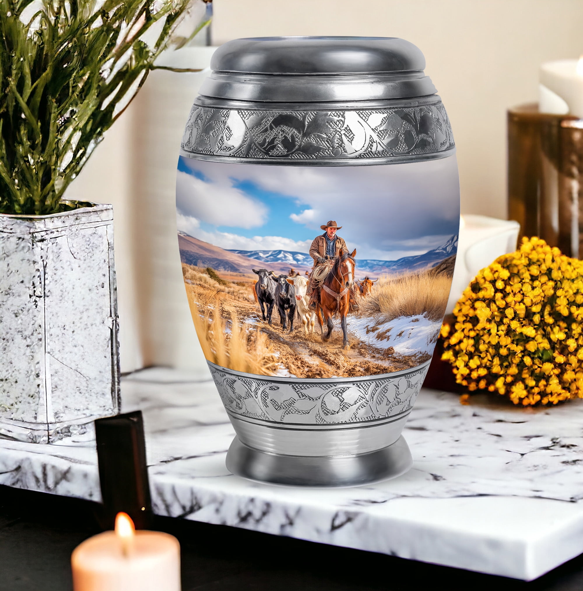 SABURIAL Cowboys Memorial Cremation Urns - Burial Urn for Ashes Adult Male - Large Funeral Urn for Ashes Adult Female - Decorative Urns for Women & Men - 10 Inch