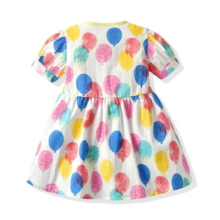

B91xZ Party Dresses For Girls Toddler Baby Girls Button Up Dress Summer Beach Colourful Balloon Print Short Sleeve Ruffle A Pink Size 12-18 Months