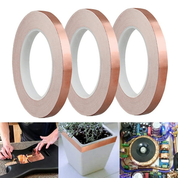 3 Rolls Copper Foil Tape Slug Snail Repellent Tape, Double-Sided Conductive Self Adhesive Copper Barrier Tape for EMI Shielding, Stained Glass, Guitar, Plants Protection - 10mmx10m