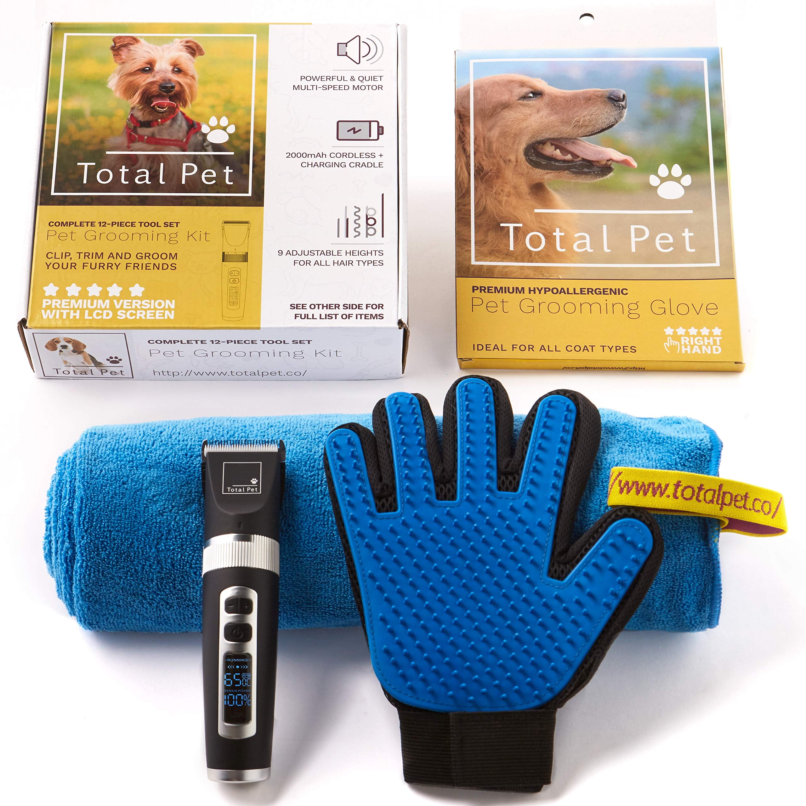 Dog Clippers 3 Pack Grooming Glove Towel 12 Piece Pet Grooming