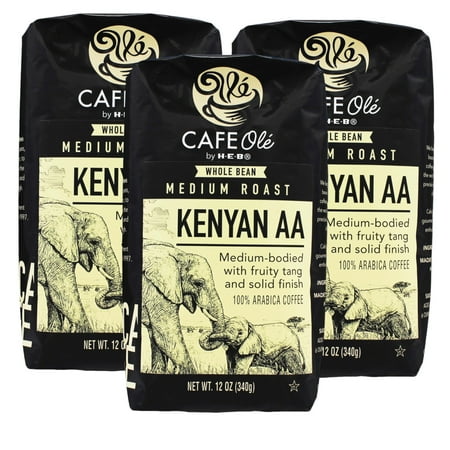 HEB Cafe Ole Whole Bean Coffee 12oz Bag (Pack of 3) (Kenya AA - Medium Dark Roast (Full City))