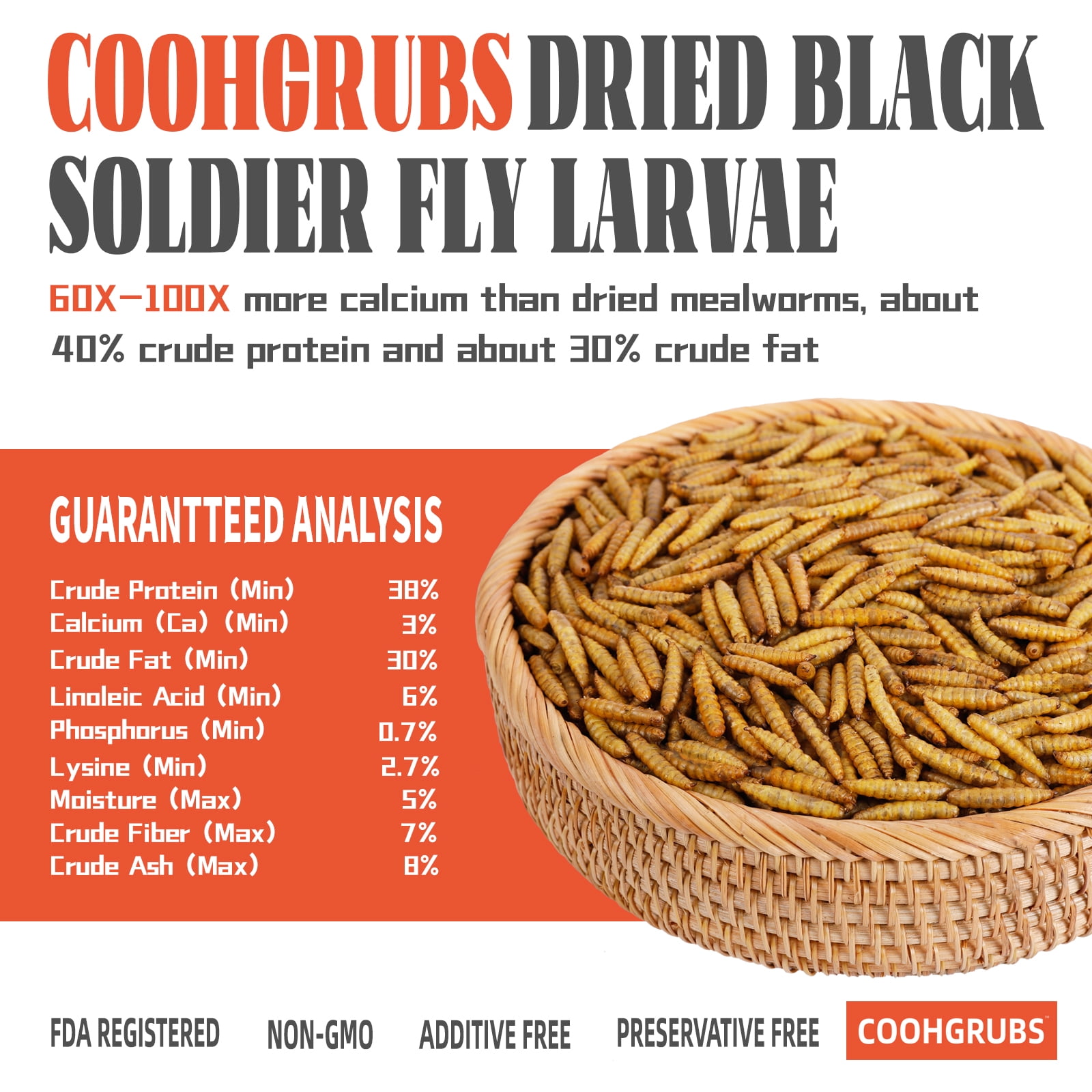 COOHGRUBS Dried Black Soldier Fly Larvae for Chickens, High-Calcium 85X More than Mealworms Bird Treat, 10-lb box