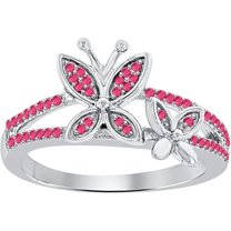 925 Sterling Silver 14K White Gold Plating Round Cut Gemstone Pink Ruby Butterfly Engagement Ring For Women