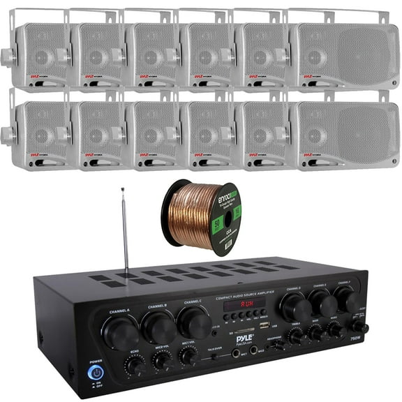 Pyle 6-Channel 750W Bluetooth USB AUX FM Stereo Amplifier Receiver Home Audio System Bundle Combo with 12x 3.5'' 3-Way Weather Proof Silver Mini Box Speakers, 16 Gauge 50 Feet Speaker Wire